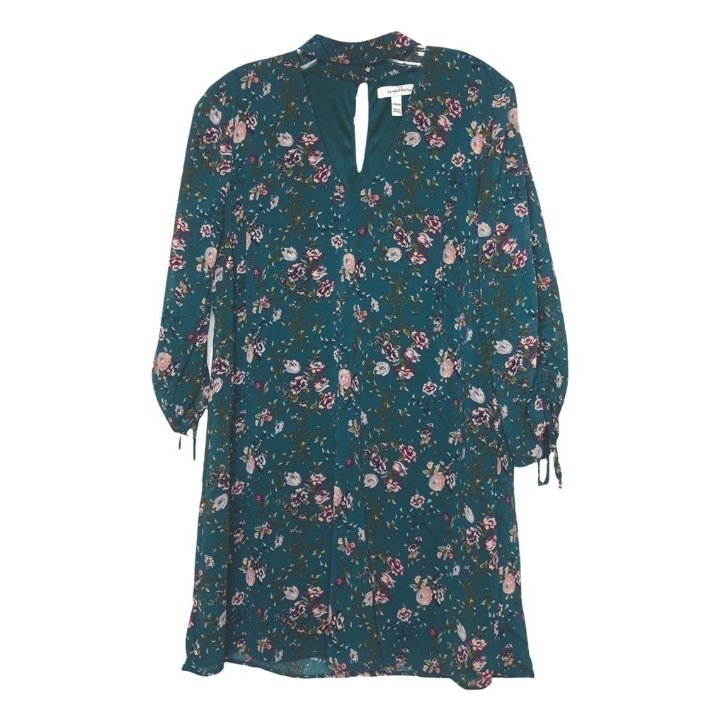 Speechless Teal & Pink Floral High Collar V-Neck Keyhole Shift Dress Size Medium